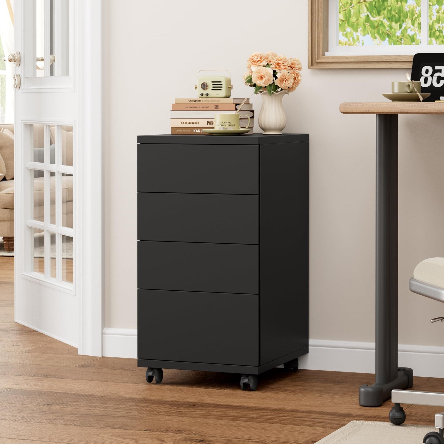 BOTLOG 4-Drawers Chest, Mobile Under Desk Drawer with Locking Casters, Wooden Printer Stand with Wheels, Rolling Craft Storage Cabinet for Home Office, Black
