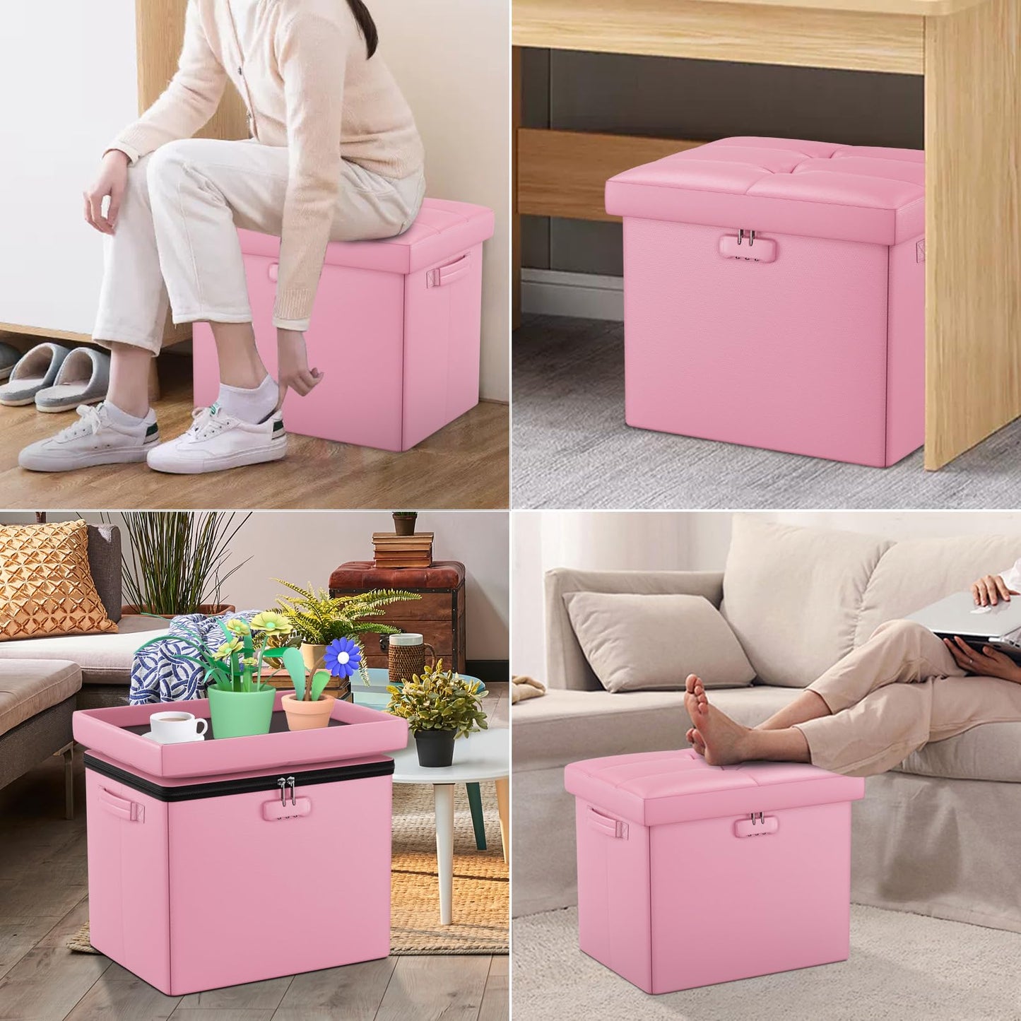 DocSafe Storage Ottoman Foot Rest Stool with Lock ＆ Handles, Fireproof Folding Leather Footstool Bench with Storage Safe for Living Room Bedroom, Home Office, Dorm, 17x13x13in, Pink