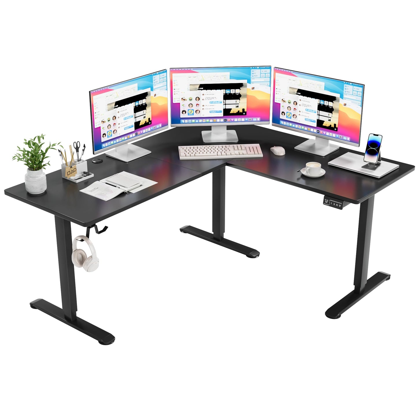 Furmax 63 x 55 Inch L Shaped Standing Desk with 2 Preset Heights, Electric Height Adjustable Computer Table, 2 Hooks & Feet Balance, Corner Sit Stand Desk for Home Office (Black, 63 x 55 Inch)