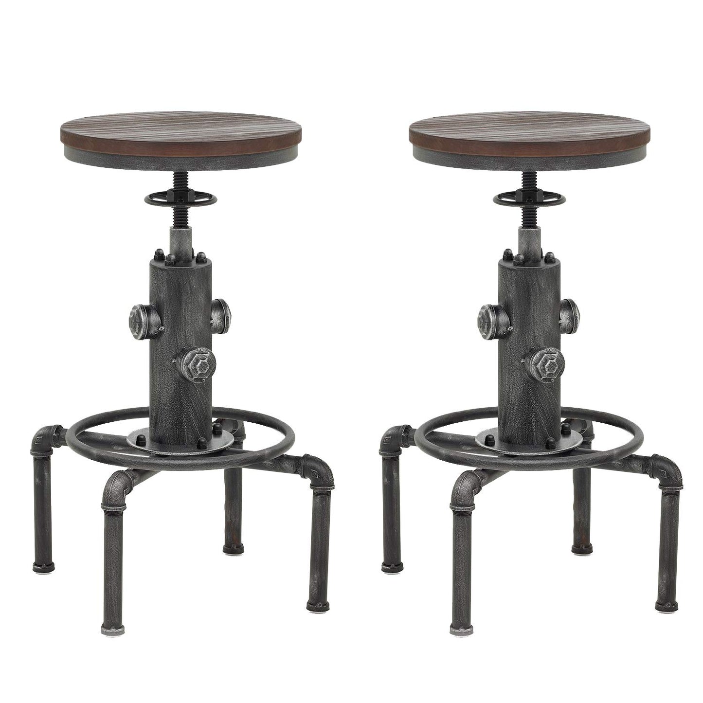 Topower Antique Vintage Industrial Barstool Solid Wood Water Pipe Fire Hydrant Design Cafe Coffee Industrial Bar Stool Set of 2 Silver