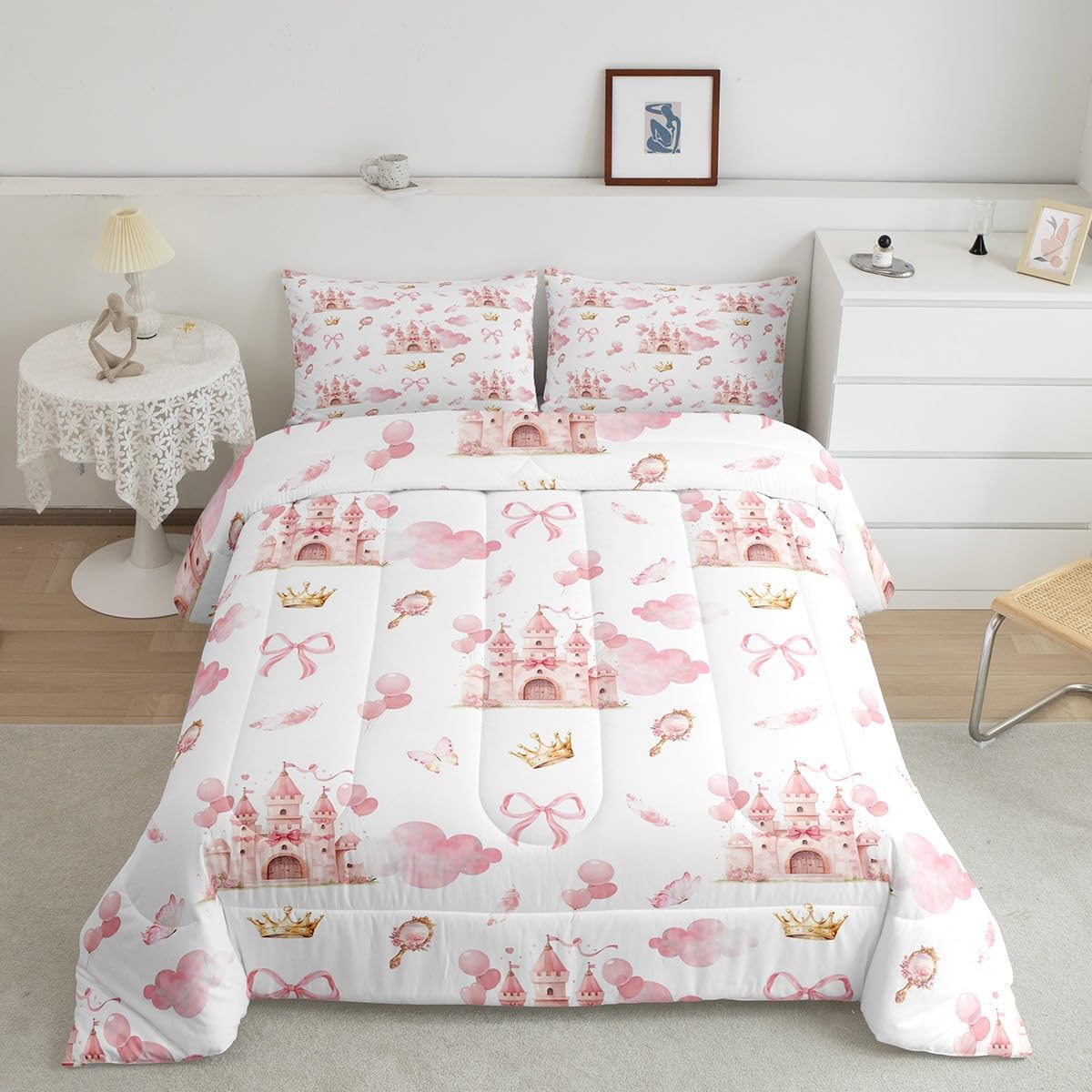 Feelyou Kids Pink Castle Duvet Insert Queen Size, Cute Bowknot Comforter Set Boys Girls Girls Dreamy House Bedding Set Fairytale Teens Bedroom Decor Bed Set 3Pcs