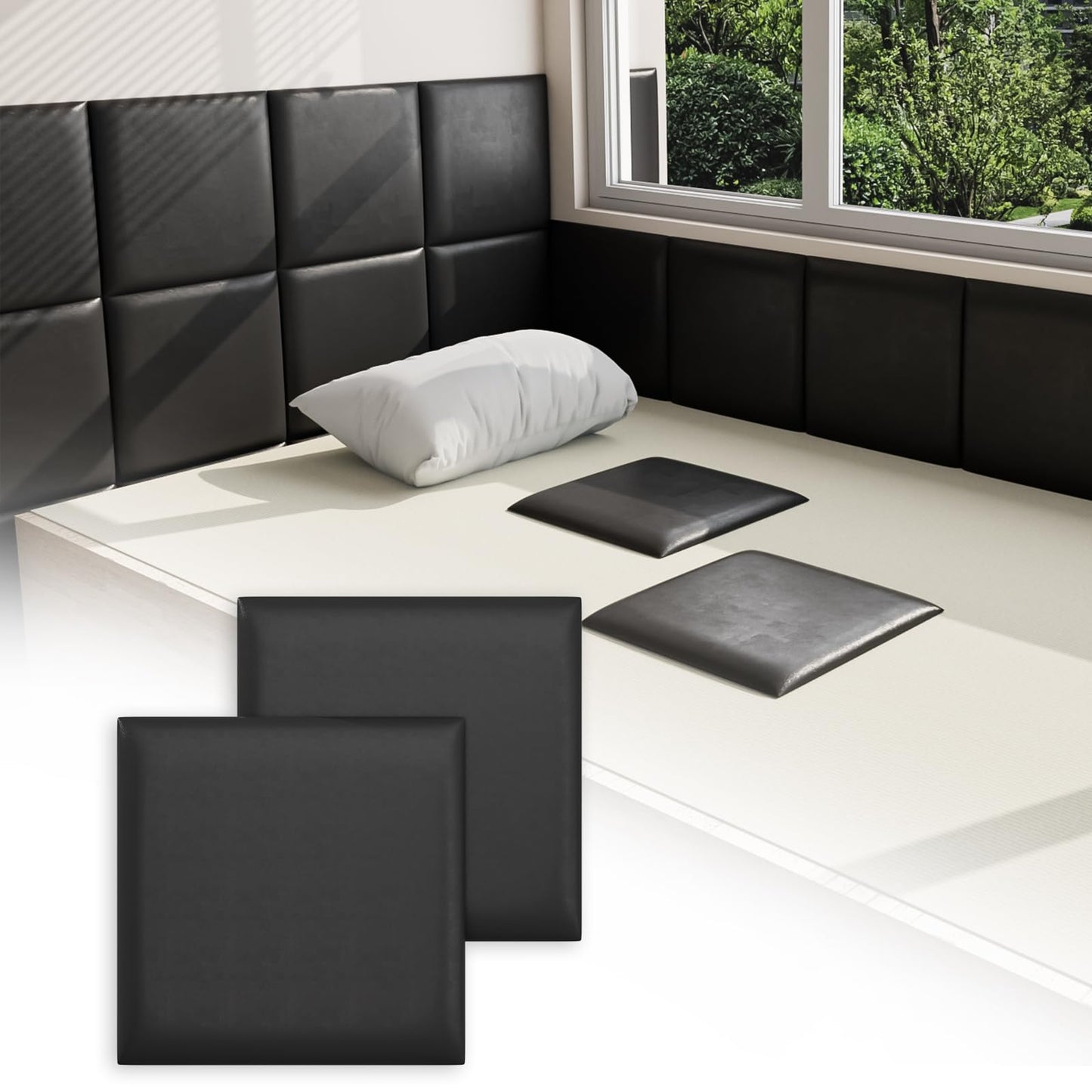 Umedol 3D Anti-Collision Wall Padding for Kids, Black Peel and Stick headboard Panels, Self-Adhesive Headboard Panels for Wall, Bedroom/Living Room Upholstered Wall Panel(6 Pack -11.8" x 11.8")