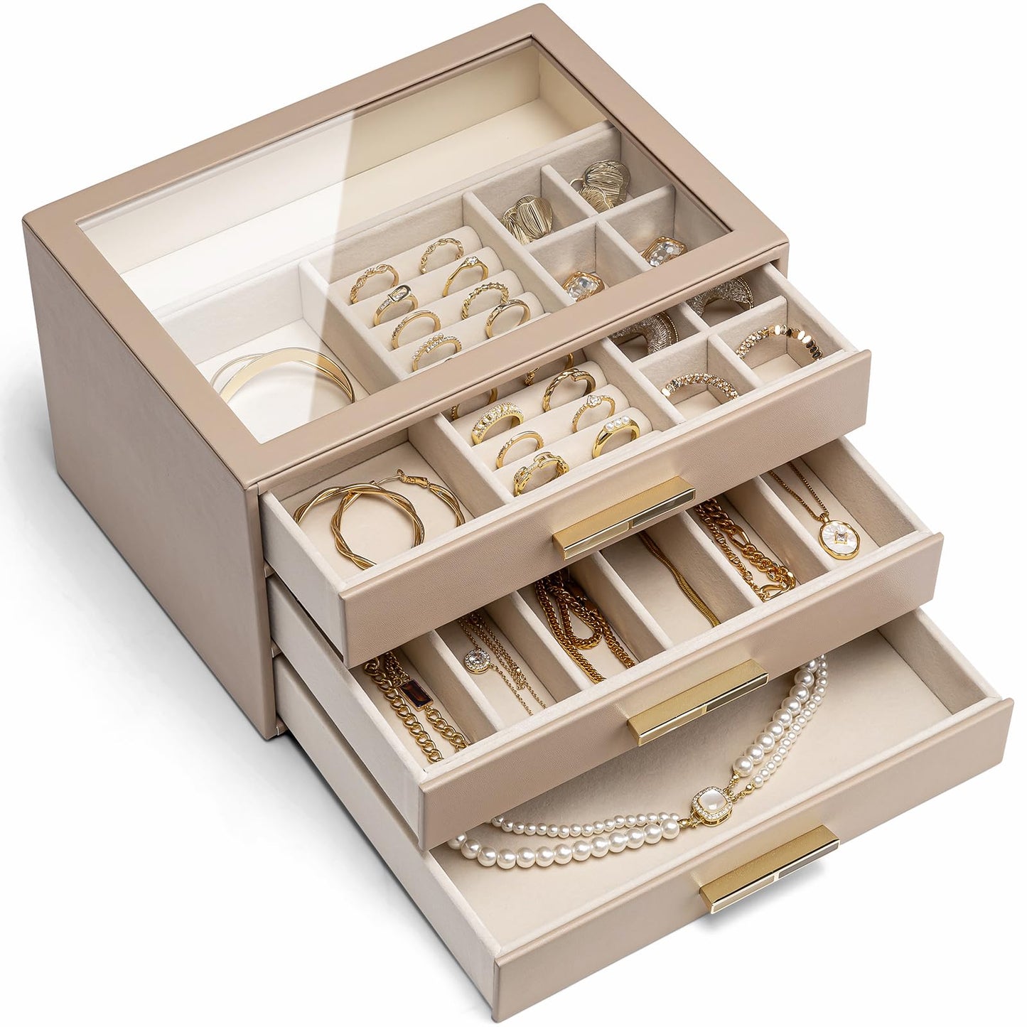 VLANDO Jewelry Box for Women, 3-Layer Jewelry Organizer with Drawers, Glass Lid Display Jewelry Storage, Soft PU Leather Exterior, Contrast Gold Metal Handles, Refined Style – Toffee