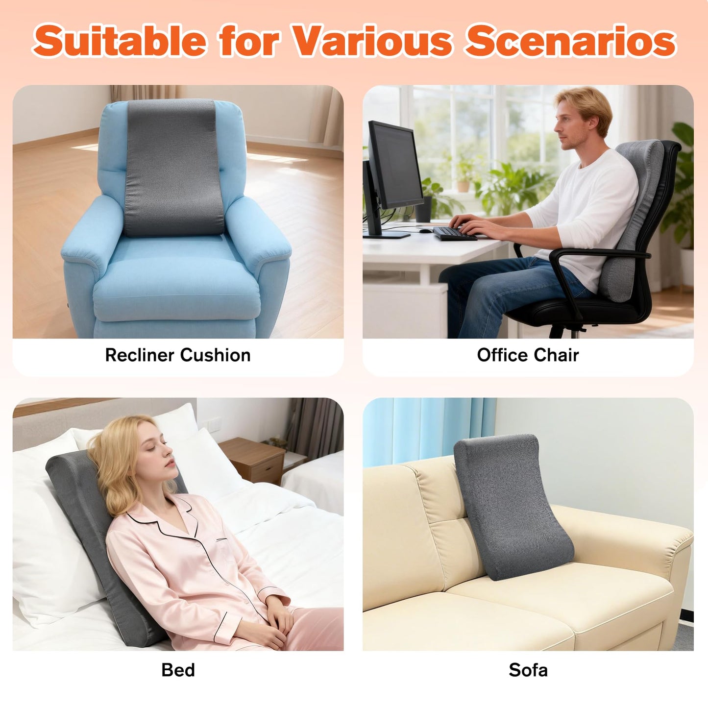 JZHLLA Recliner Neck and Lumbar Support Cushion for Recliner Couch & Glider Chair, Ergonomic S-Shaped Backrest Pillow, Breathable Cotton-Linen Foam, Non-Slip Backing, Removable Cover(Grey)