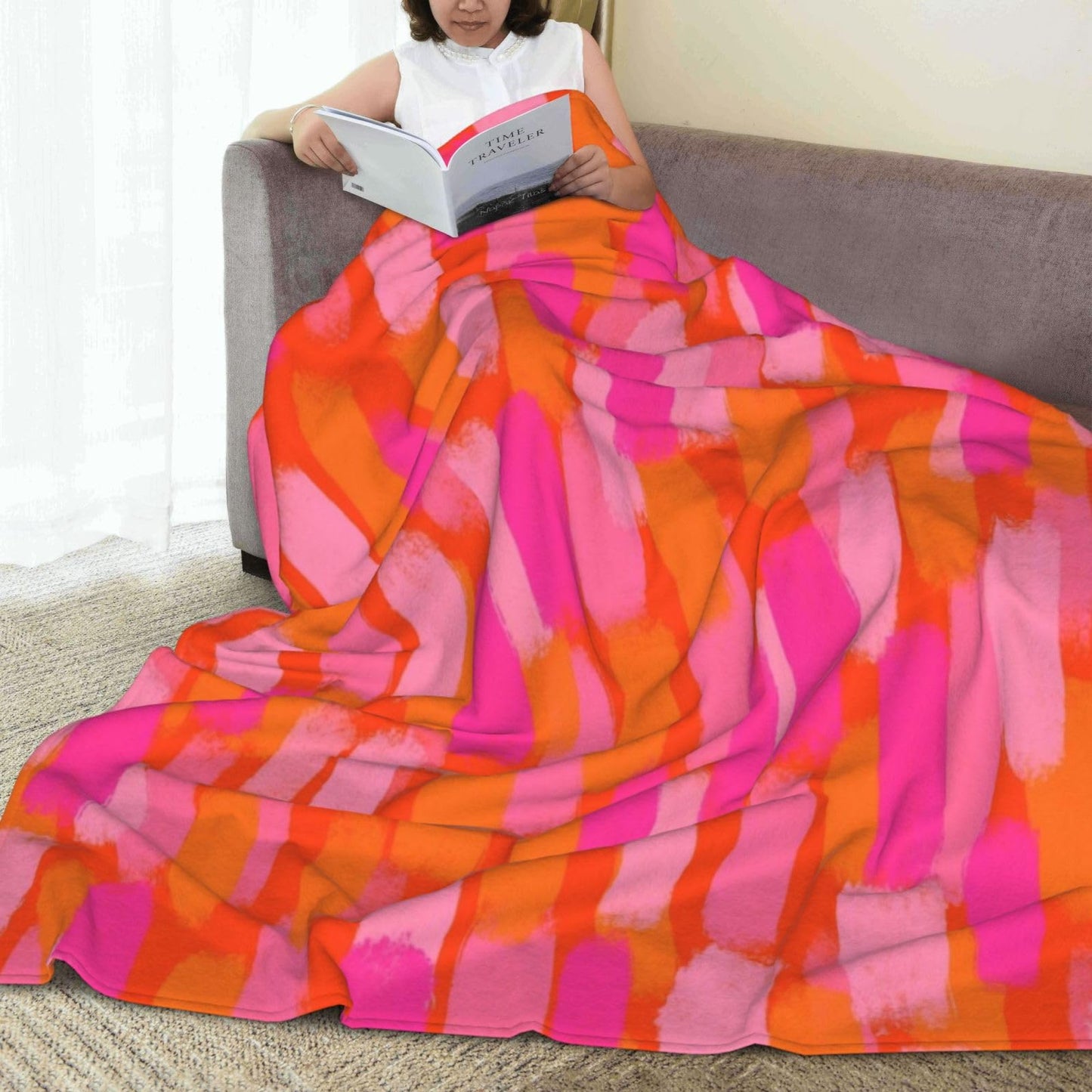 Retro Abstract Pink and Orange Paint Brush Throw Blanket 50"X40" Lightweight Flannel Throws Blankets for Couch Sofa Living Room Bedroom Home Decor,Soft Cozy Fluffy Fuzzy Plush Blanket for All Season