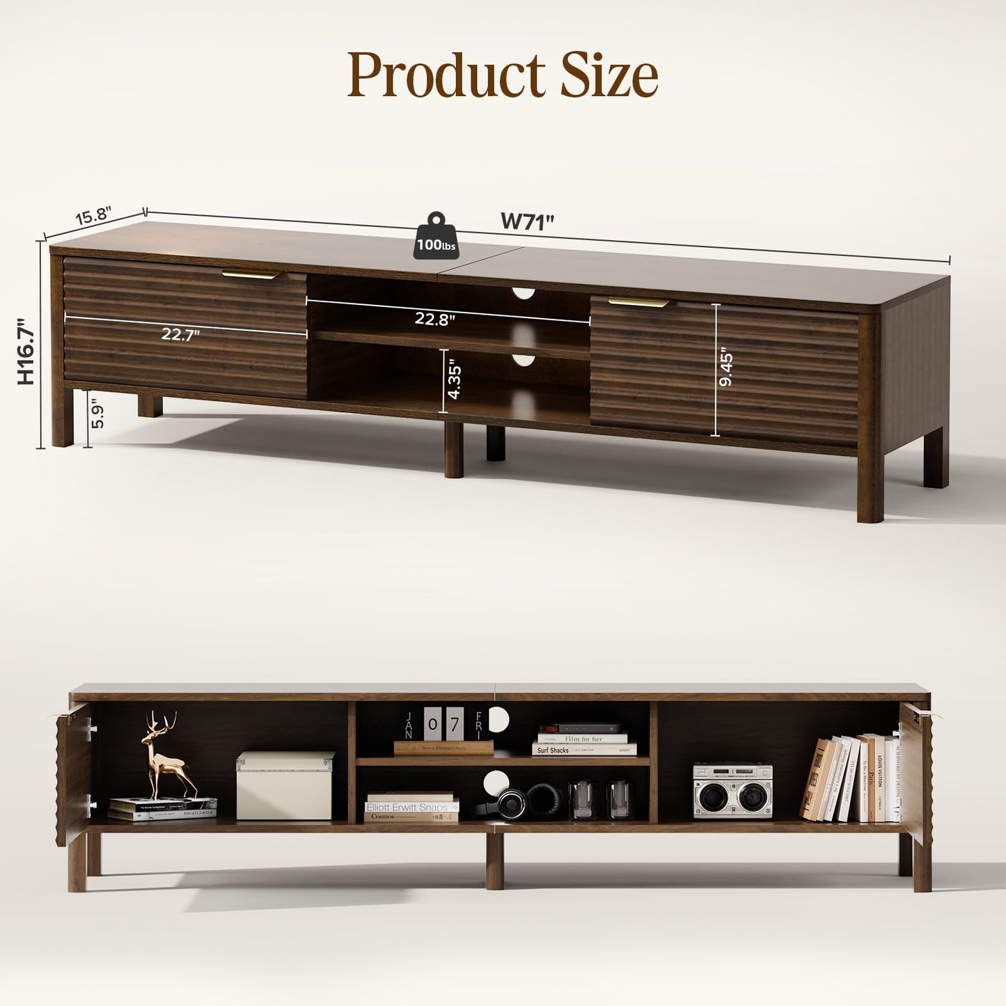 IKALIFE TV Stand for Living Room - up to 80 Inch TVs Mid Century Modern Entertainment Center with Storage and Adjustable Shelves, Media Console Table Walnut 71"