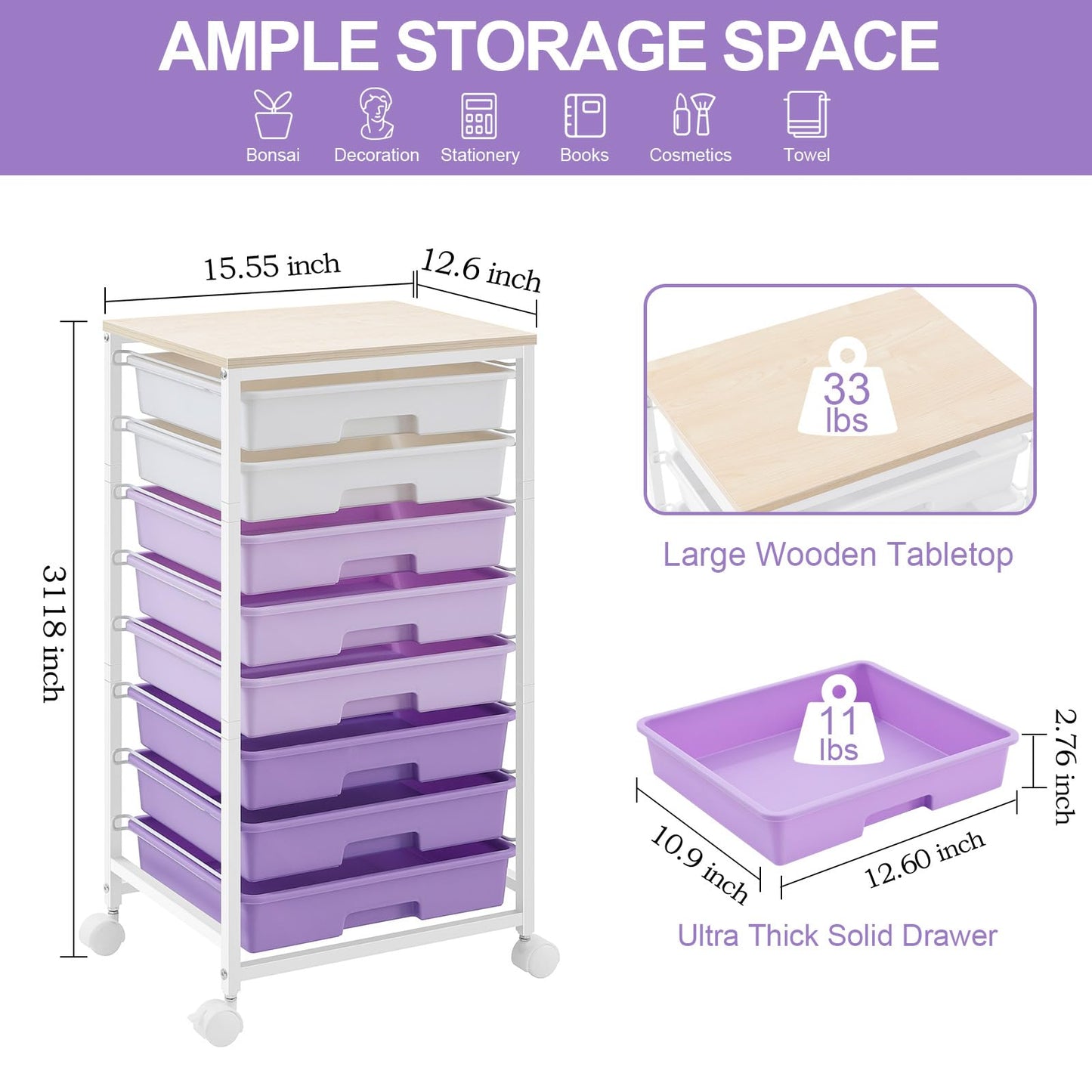 SYKIARIOL Rolling Cart with Drawers,Utility Cart With 8 Drawers and Wooden Tabletop for Living Room,Classroom,Bedroom,Bathroom,Dorm,Office,Purple