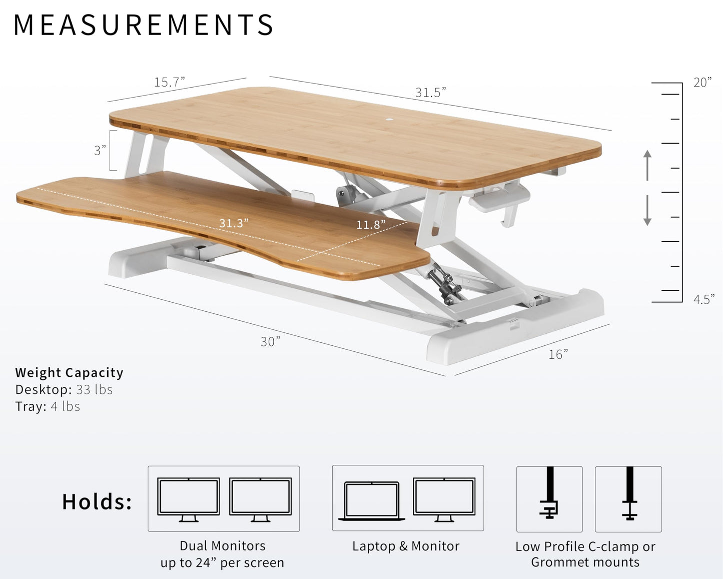 VIVO 32 inch Desk Converter, K Series, Height Adjustable Sit to Stand Riser, Dual Monitor and Laptop Workstation with Wide Keyboard Tray, Bamboo Top, White Frame, DESK-V000KO