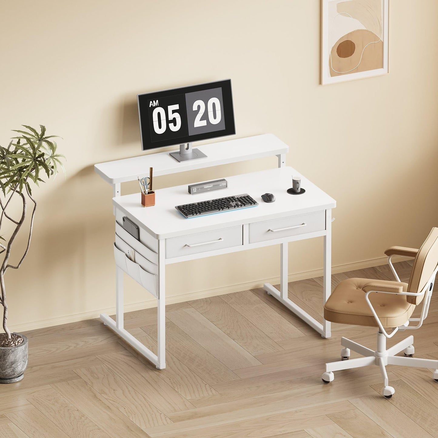Maihail Small desk with Drawers, 31.5X15.8-22.9 Inches Office Computer Desk with Side Pocket & Ergonomic Adjustable Monitor Stand, Writing Table for Small Spaces, Kids desk, vanity desk Bedroom, White