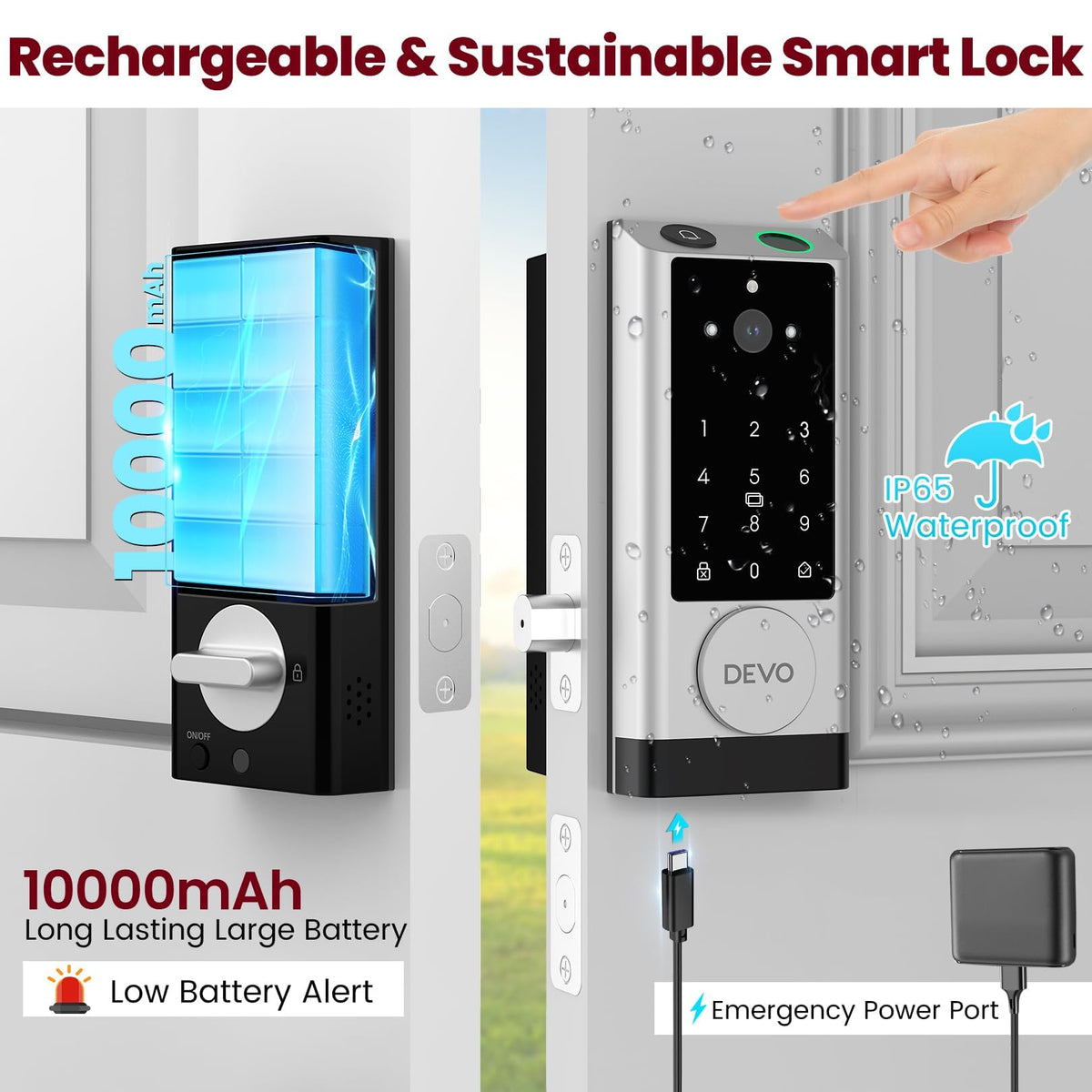 DEVO G1 Keyless Entry Deadbolt- 6-in-1 Smart Lock with Camera & Doorbell, Wi-Fi Smart Door Lock for Front Door with Fingerprint, Auto Locks, App Remote Light Sliver