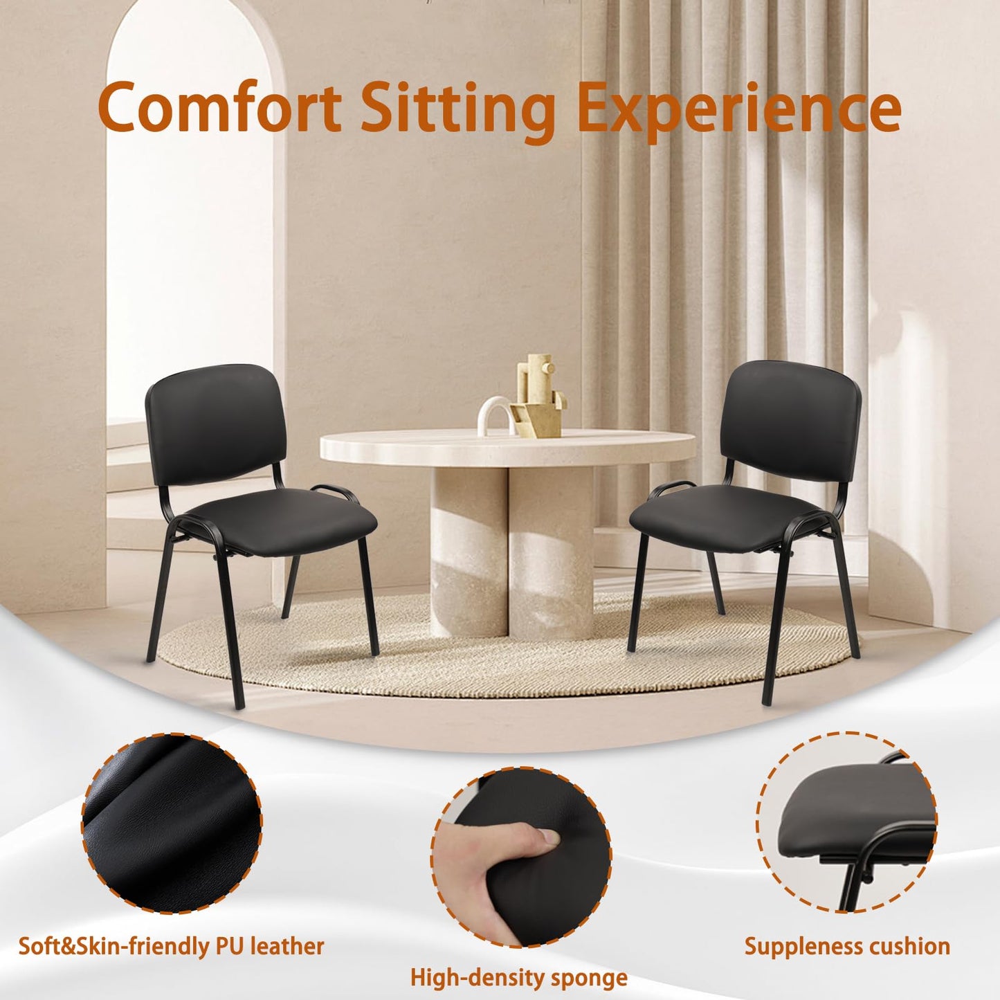 CLATINA Stacking Waiting Room Chairs, PU Leather Armless Office Guest Chair with Metal Frames, Stackable Conference Room Chairs No Wheels for Reception Lobby Side Training School, Black Set of 5