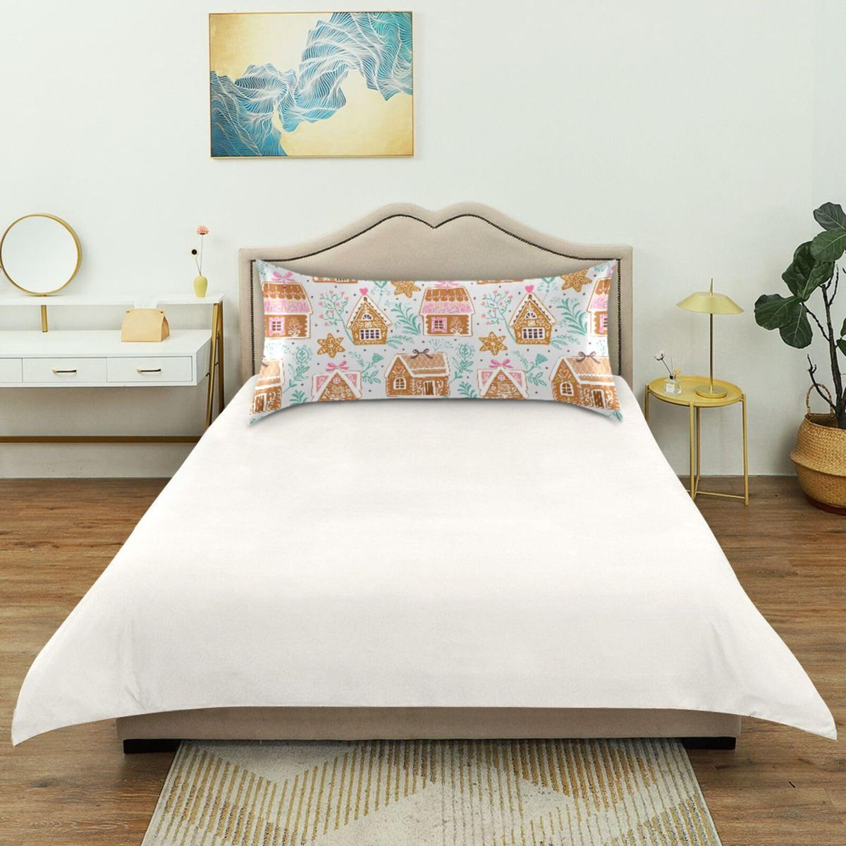 Dalzium Christmas Satin Pillowcase for Hair and Skin, Gingerbread Houses and Stars Silk Pillow Case Soft and Cozy Body Pillow Covers Queen Size with Envelope Closure, M