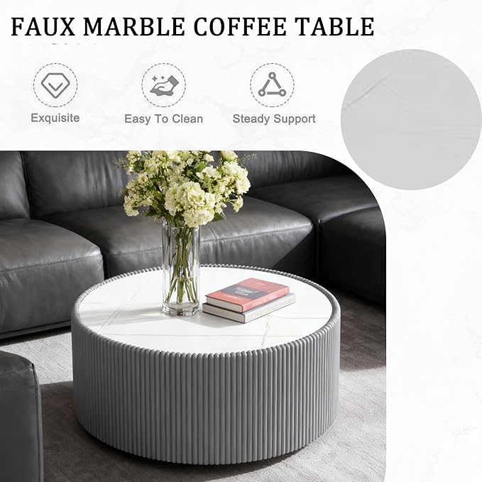 29.52" Round Marble Coffee Table, Modern Fluted Coffee Table w/White Sintered