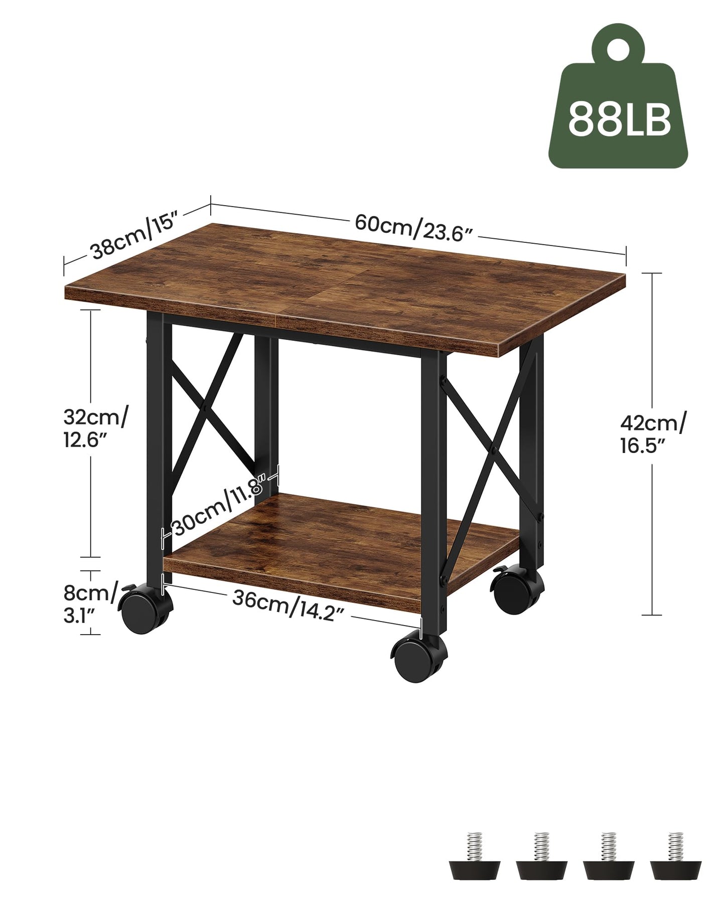 CHOEZON 23.6" Under Desk Printer Stand, 2-Tier Printer Table with Wheels Adjustable Feet for Home Office, Study, Living Room, Rustic Brown and Black TPS01BF