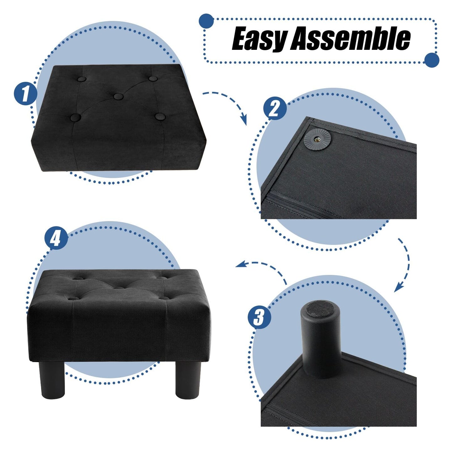 BRIAN & DANY Small Foot Stool, Velvet Foot Stools with Legs, Stable Small Footstool for Living Room, Black