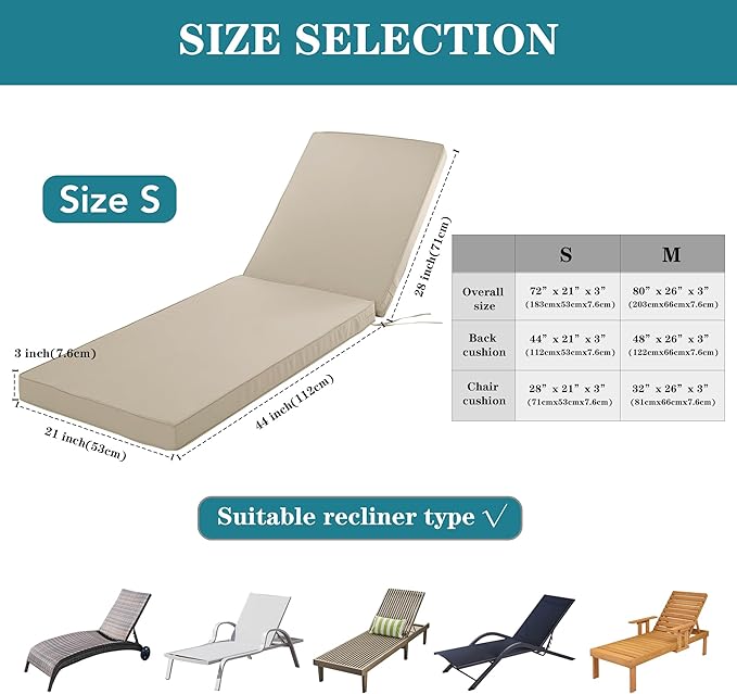 Chaise Lounge Cushion for Outdoor Furniture, Waterproof Fade and Tear Resistant
