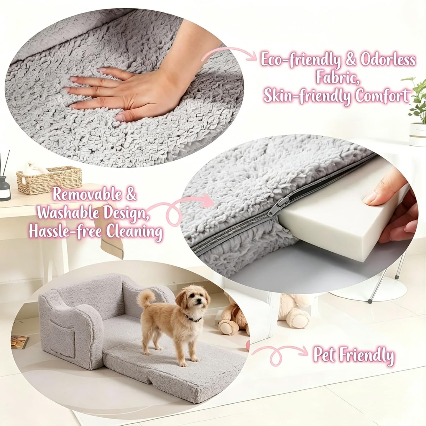 MOMCAYWEX Kids Sofa, 2-in-1 Flip-Out Foam Couch with Soft Sherpa Cover, Cozy Play Lounge Chair, Grey