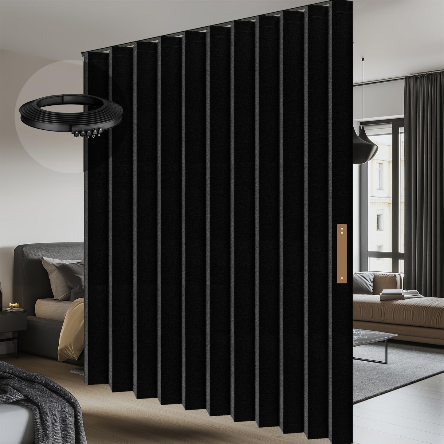 Room Divider Curtain Sets with Flexible Ceiling Track, Privacy Soundproof Curtain for Bedroom Office Patio Sliding Door(Black, W180 x L96, 1 Pack)