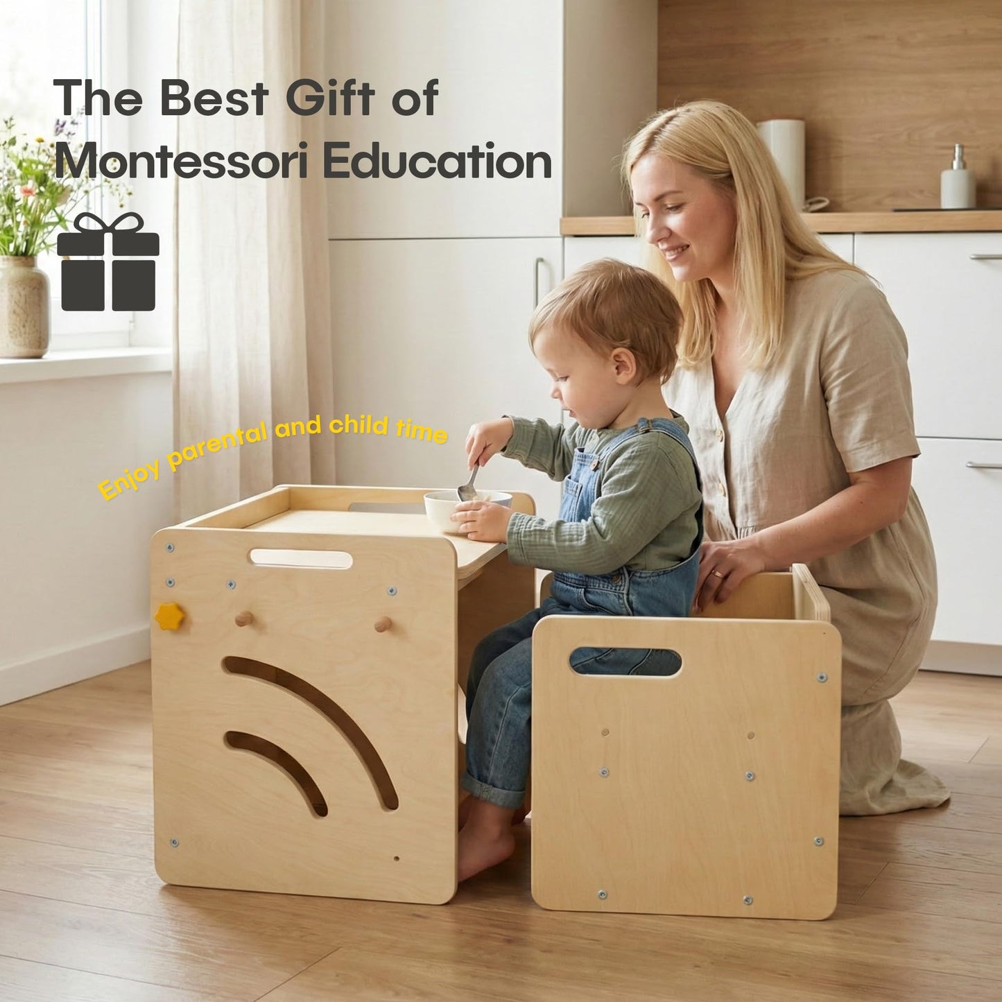 Montessori Table and Chair Set - Adjustable Toddler Weaning Table with Storage Box & Table Mat, Baby Furniture Gift for 1-3 Year Old Kids Learning, Play and Mealtime