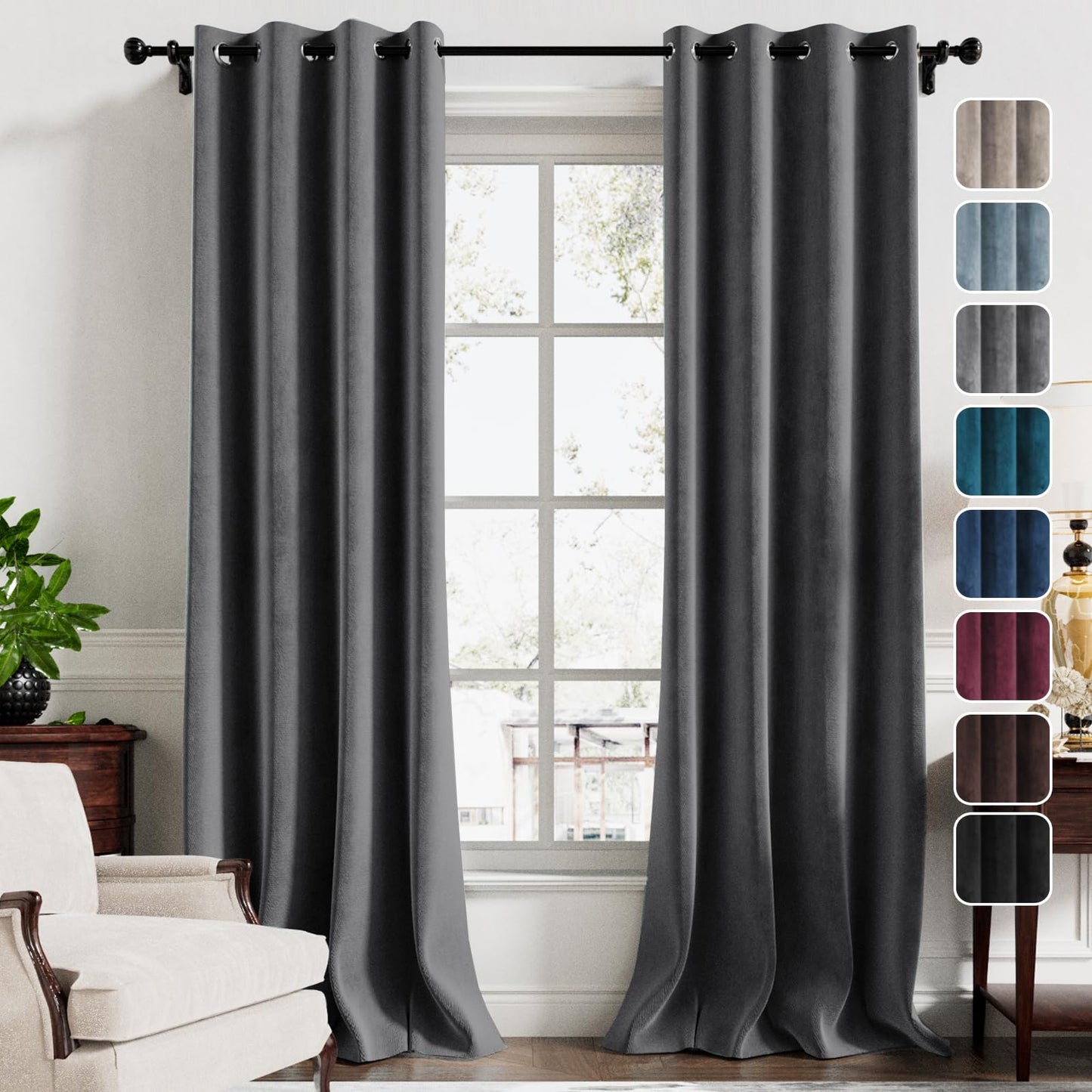 H.VERSAILTEX Velvet Curtains for Living Room Thermal Insulated Luxury Drapes for Bedroom Super Soft Room Darkening Curtains for Theatre Window Treatment Grommet 2 Panels, W52 x L84 Inch, Grey