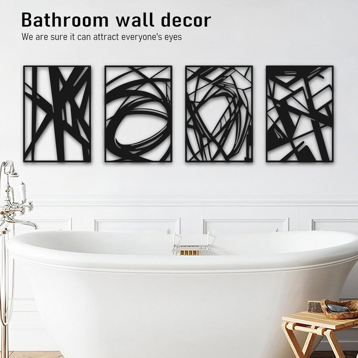 Modern Black Abstract Wall Art – 4 Panel Set (16x11”) – Minimalist Metal Artwork for Living Room, Bedroom, Office – Contemporary Home Decor, Easy to Hang