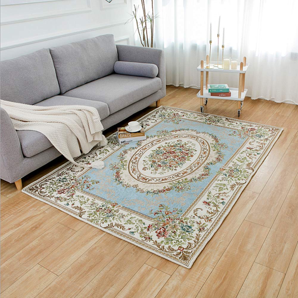 UKELER Rustic Floral Cotton Area Rugs Rural Rose Design Living Room Carpet Non-Slip Soft Floor Mat for Bedroom, 5' x 7' Country Blue