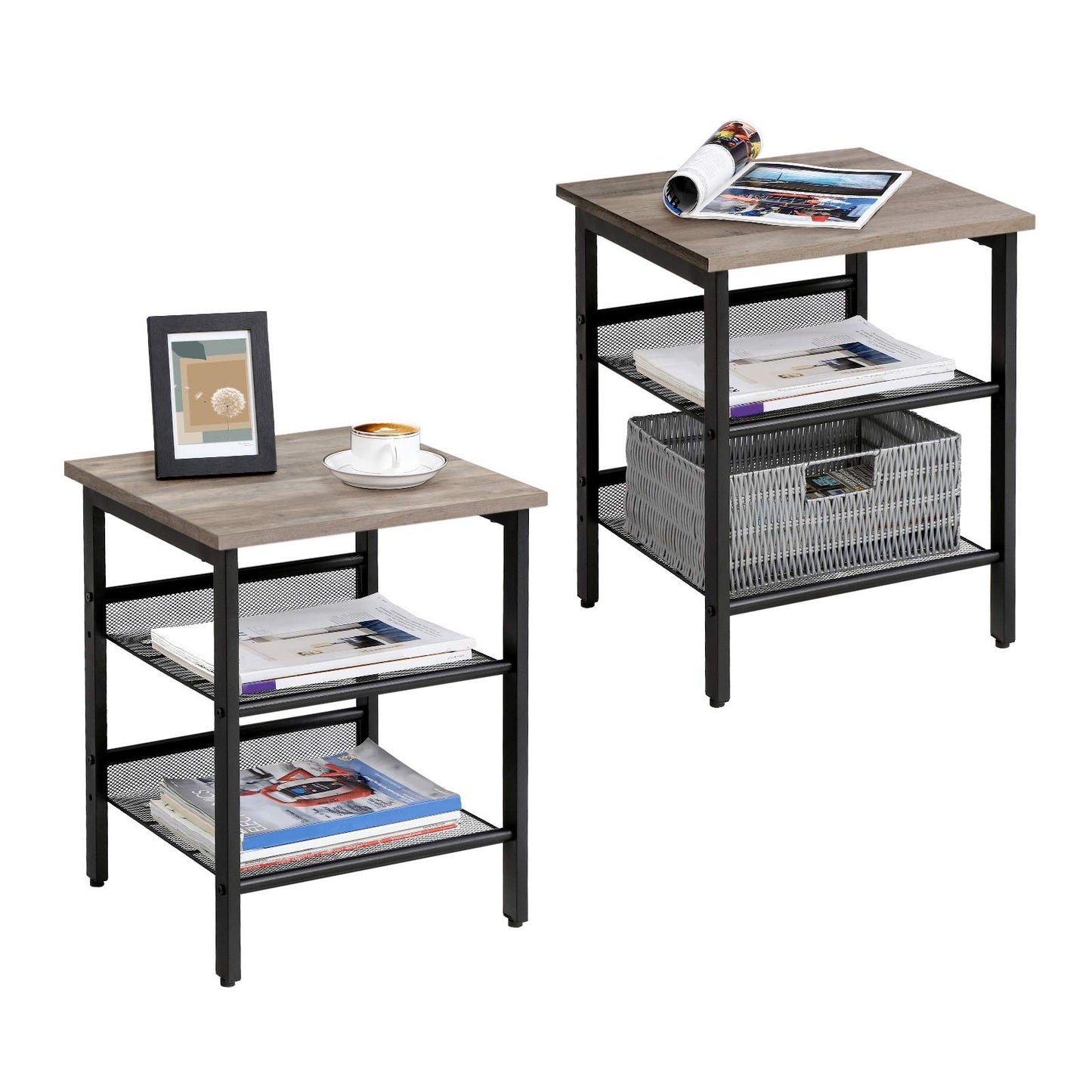 VASAGLE Nightstand, Set of 2 Side Tables, End Tables with Adjustable Mesh Shelves, for Living Room, Bedroom, Industrial, Stable Steel Frame, Easy Assembly, Greige and Black ULET024B02