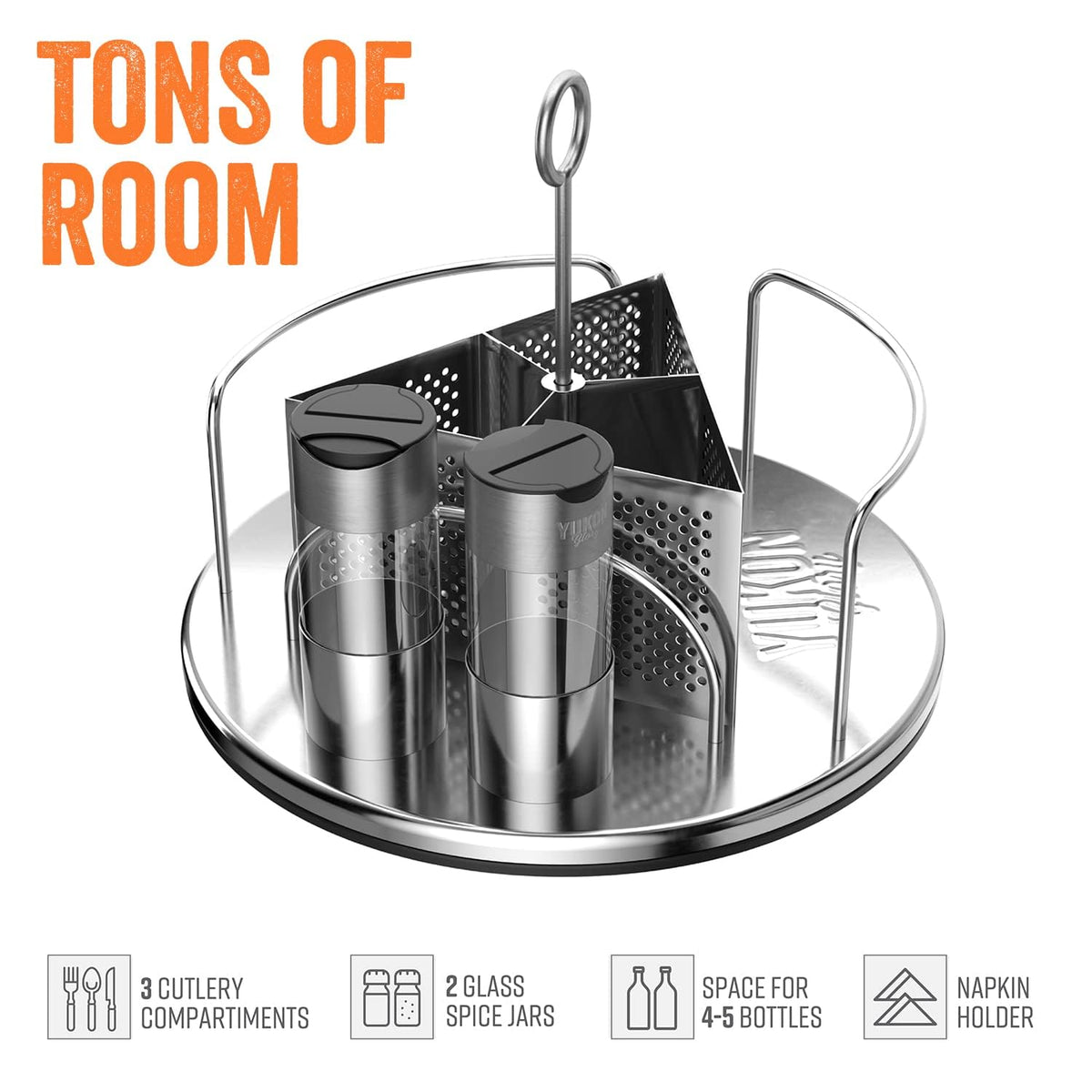 Yukon Glory Rotating Condiment Caddy | Commercial-Grade Stainless Steel | 360-Degree Rotation | 2 Glass Salt & Pepper Shakers | Carry Handle | Patent Pending | Outdoor Grill & Patio