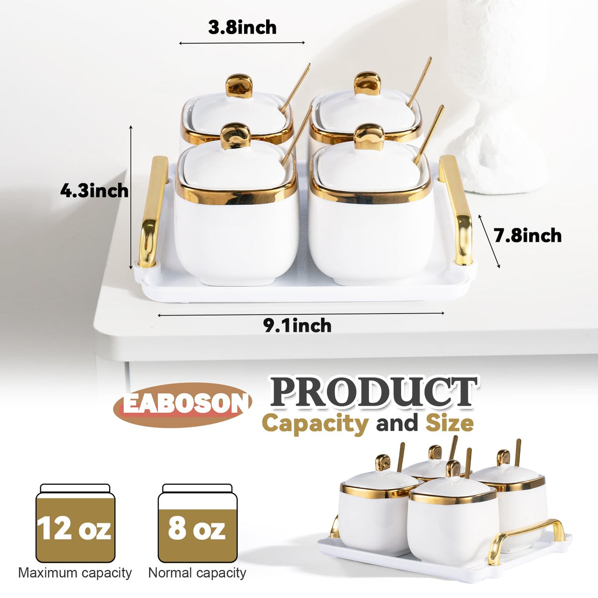 EABOSON 4 Pack Gold Condiment Spice Jars with Lids, Spoons, Tray - Ceramic Seasoning Box Set for Salt, Pepper, Sugar - Kitchen Storage