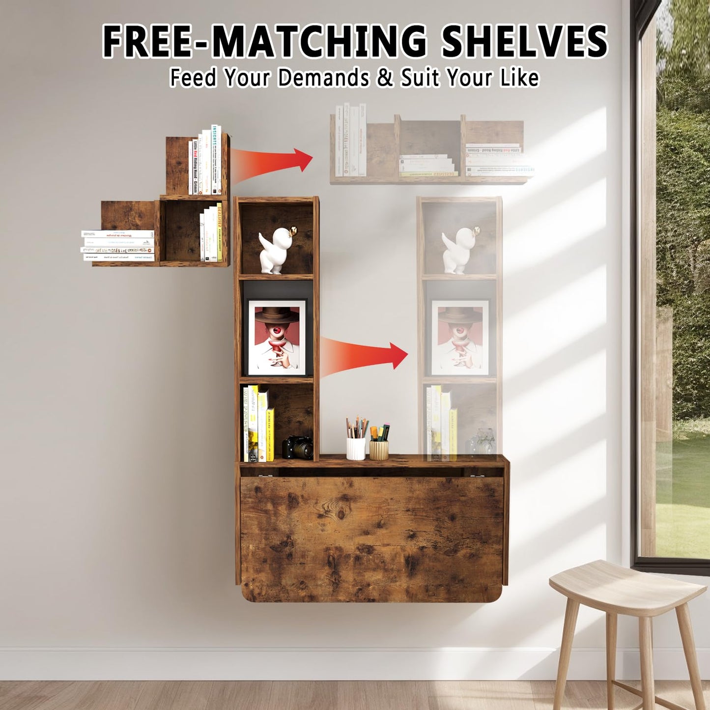 TuckTect Folding Wall Mounted Drop Leaf Table, Foldable Desk with Moveable Cabinets, Floating Laptop with Convertible Storage Shelves, Multifunctional Computer Workstation in Home for Space Saving