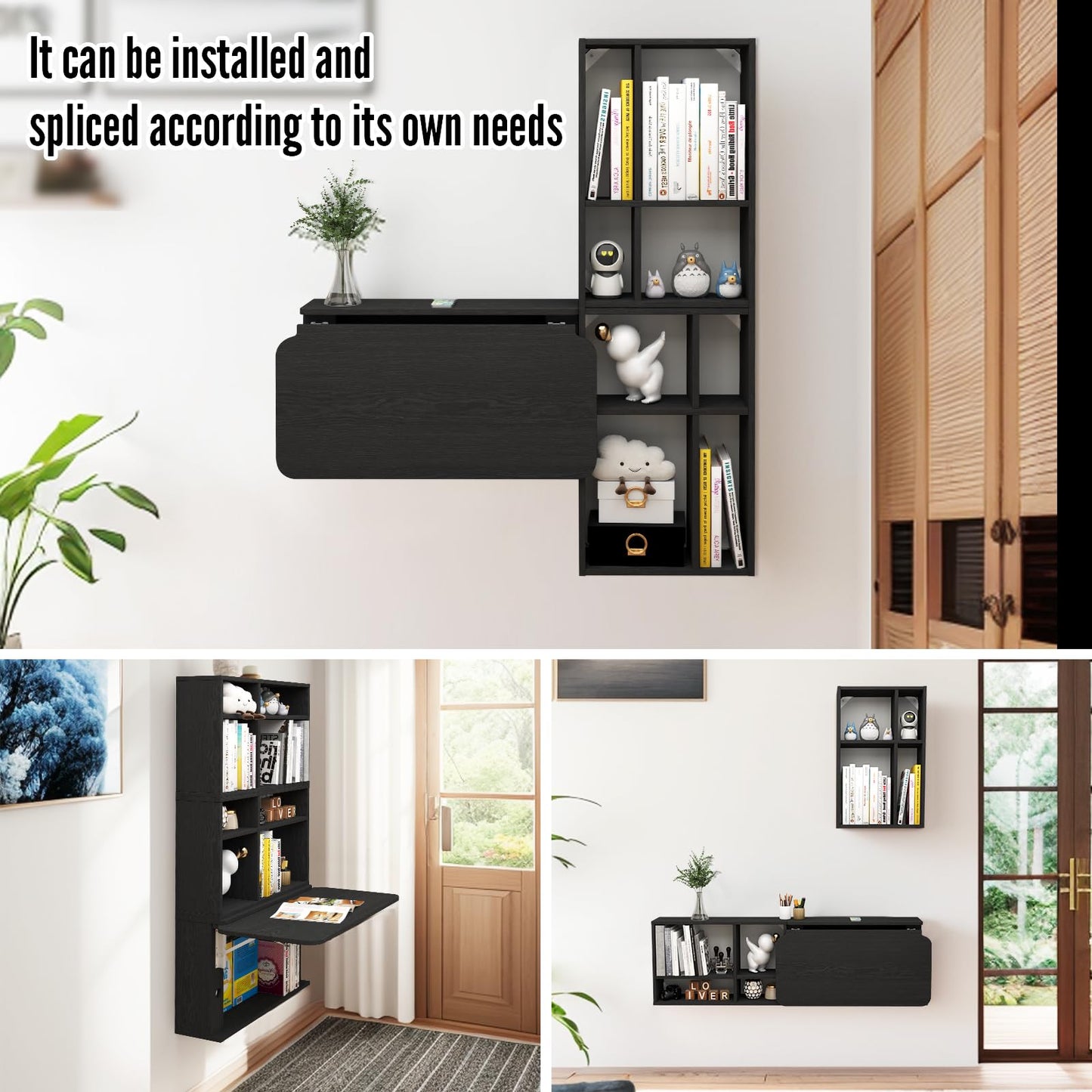 TuckTect Floating Desk with Storage Shelves, 82'' Wall Mounted Desk Laptop Writing Study Table, Folding Drop Leaf Table, Multifunctional Computer Workstation for Narrow Small Space