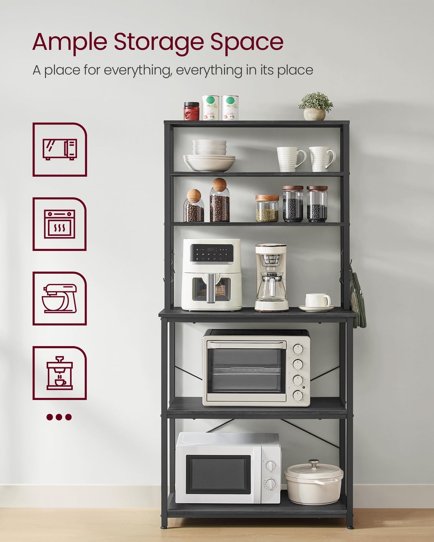 VASAGLE Coffee Bar, 31.5 Inches Baker's Rack for Kitchen with Storage, 6-Tier Kitchen Shelves with 6 Hooks, Microwave Stand, Industrial, Charcoal Gray and Ink Black UKKS019B22