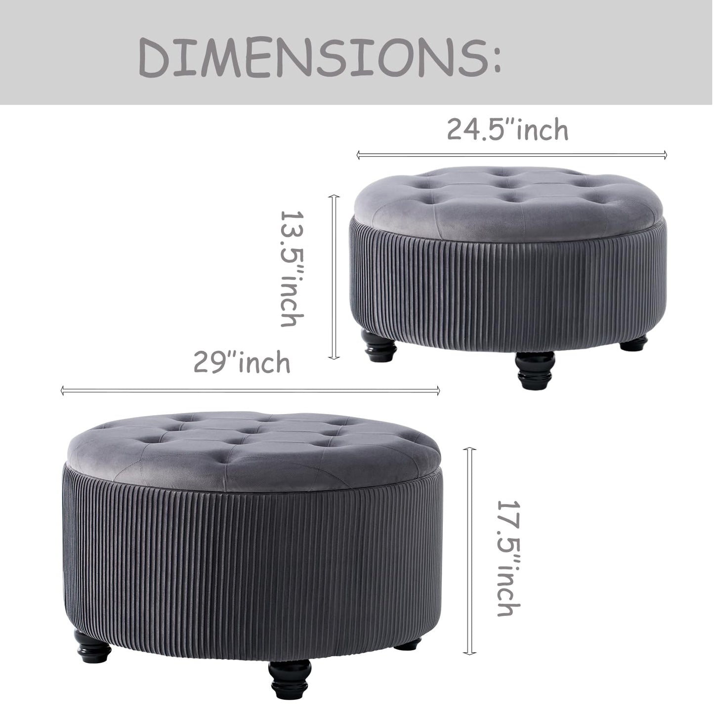 2BYF 29&24.5inch Large Round Storage Ottoman Coffee Table Set of 2 Modern Button Storage Coffee Table with Removable Lid for Living Room Upholstered Footrest Stool for Bedroom (Large-Grey)