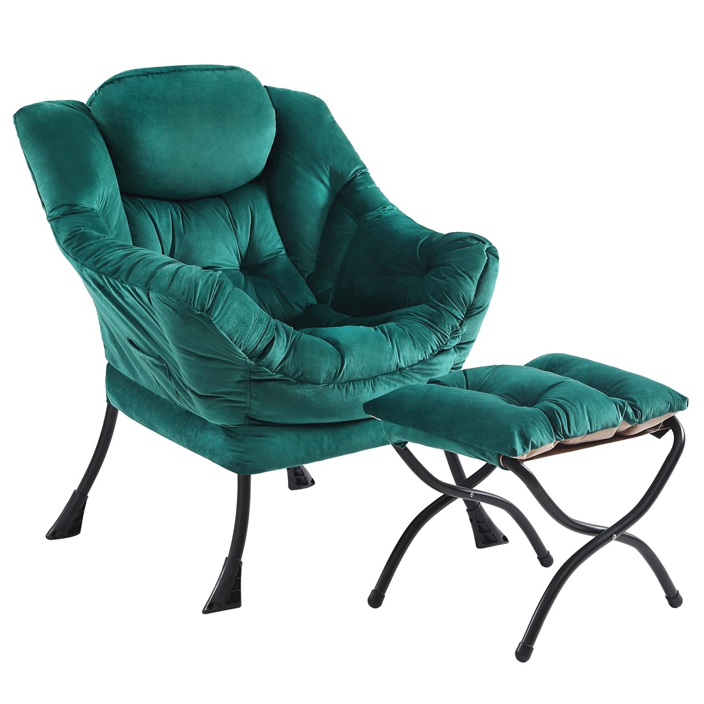Givjoy Lazy Chair and Ottoman, Large Green Velvet Accent Chair with Side Pocket, Modern Leisure Upholstered Sofa Reading Armchair with Footrest for Office, Bedroom, Living Room, Dorm Rooms, Balcony