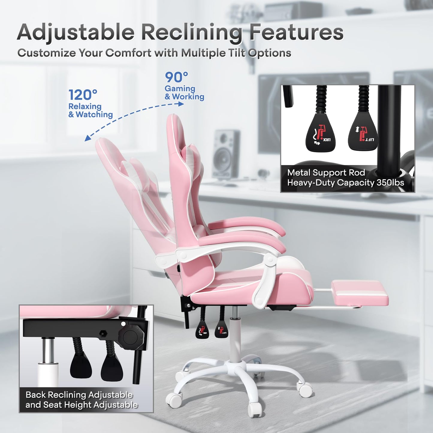 Athena Collection Gaming Chair, Ergonomic Gaming Chair with Footrest & Headrest Lumbar Support, Height Adjustable Swivel Computer Chair Office Chair for Adults (Pink)