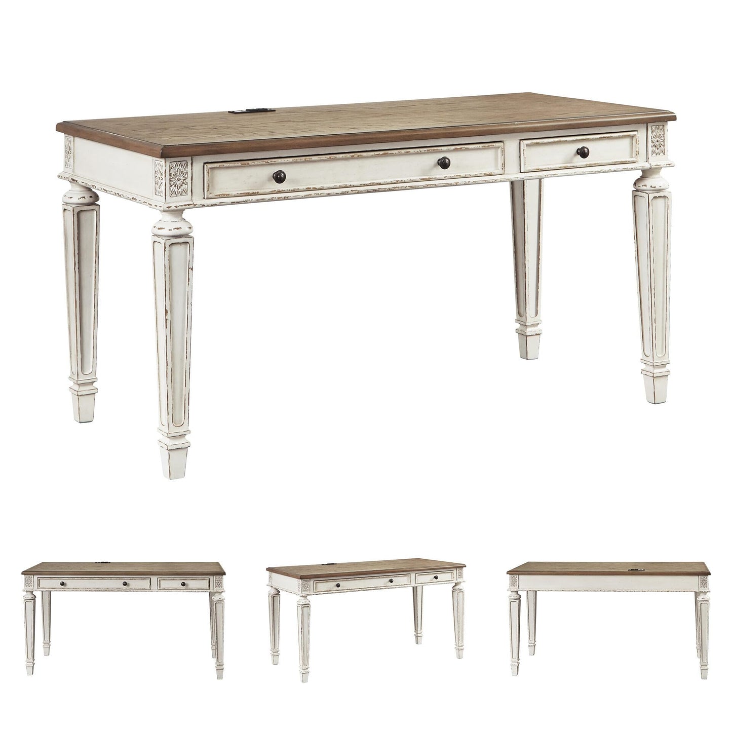 Signature Design by Ashley Realyn Farmhouse Home Office Desk, 2 Drawers, Drop-down Drawer, USB Charging, Wood, 60" W x 28" D x 31" H, Chipped White and Brown