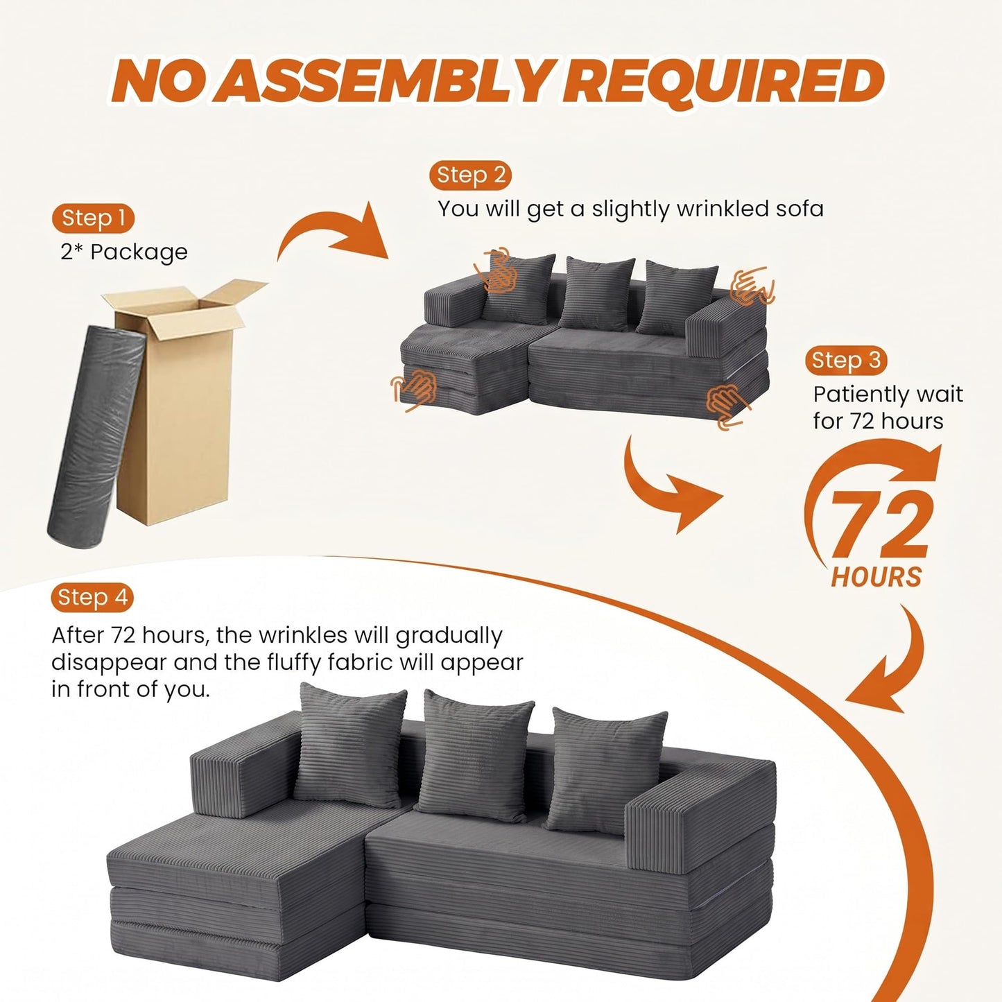 feliz home 6-in-1 Tri-Folding Mattress | Cloud Boneless L-Shaped Modular Sectional Couches | Corduroy Pet-Friendly Convertible Futon Sofa Bed with 800LB Capacity Apartment, Guest Room, Game Room