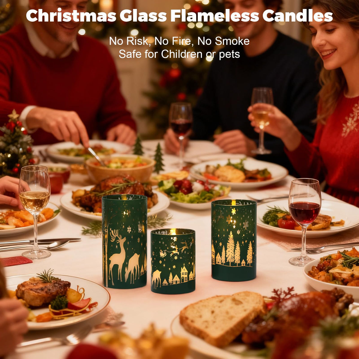 Wondise Christmas Reindeer LED Flameless Candles with Remote Timer, Electroplate Glass Battery Operated Real Wax Flickering 3D Wick Pillar Candles for Christmas Holiday Home Decoration