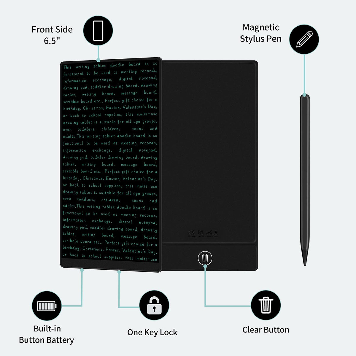 LCD Writing Tablet for Adult: 6.5 Inch Mini Full Screen Drawing Board Reusable Digital Notepad Portable Use for Office Study Teaching