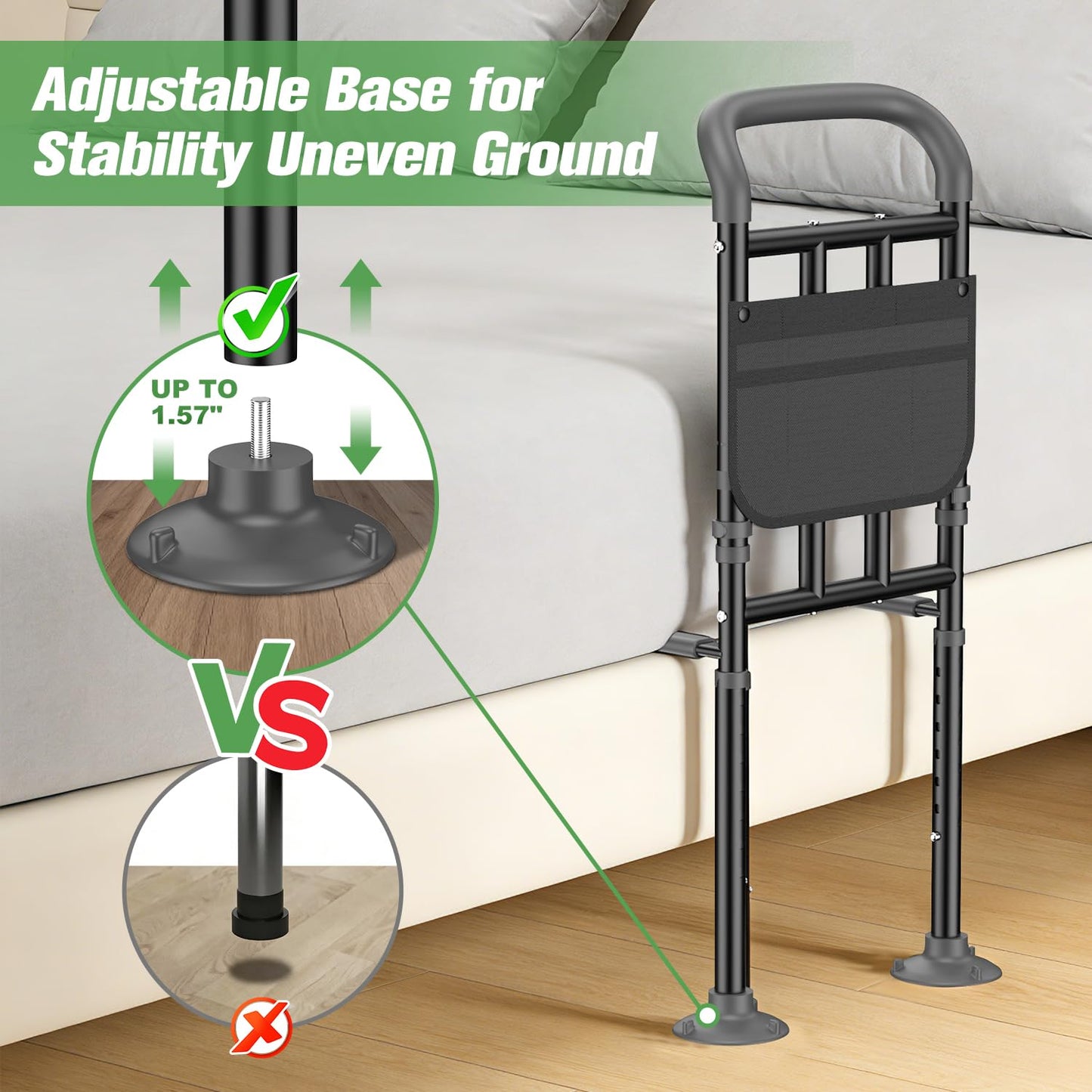 Bed Rails for Elderly Adults Safety with Ergonomic Padded Handle, ASTM Approved Adjustable Bed Assist Rail for Seniors, 400lb Weight Capacity, Fixing Strap&Storage Pocket, Fits Twin/Full/Queen/King