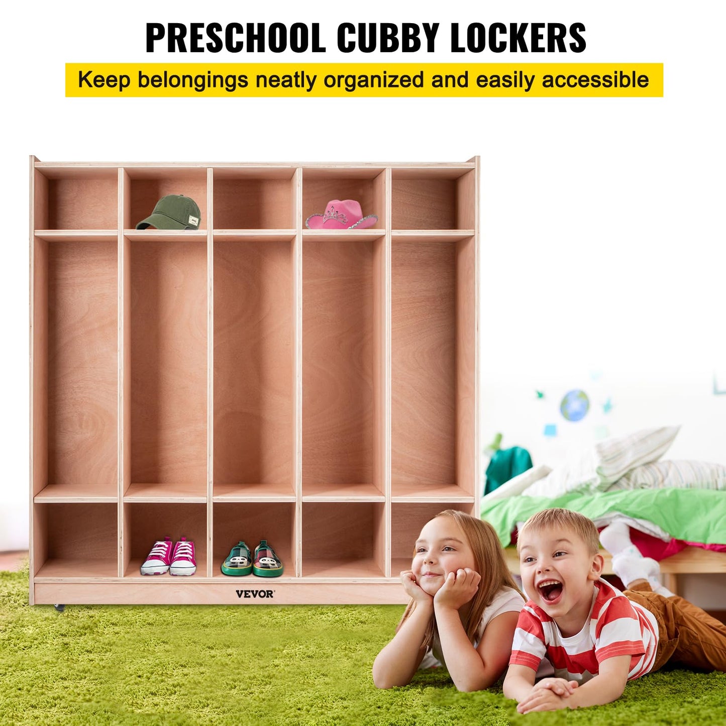 Happybuy 5-Section School Storage Locker, Wooden Storage Cabinet with 4 Casters, Classroom Cubbies for Storage, 15mm Thick Plywood Locker for Home, Office, School,Gym, Kindergarten
