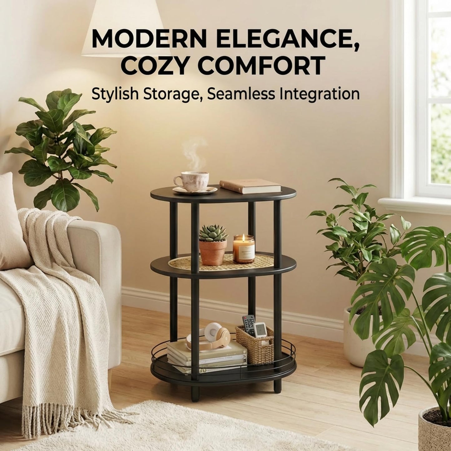Small Rattan Side/Accent Table with Storage, 3 Tier Round/Oval End Table with Rattan Shelf & Metal Basket, Boho Nightstand, Tool Free Assembly/Screw-Hole Free Tabletop-Living Room Bedroom-Black