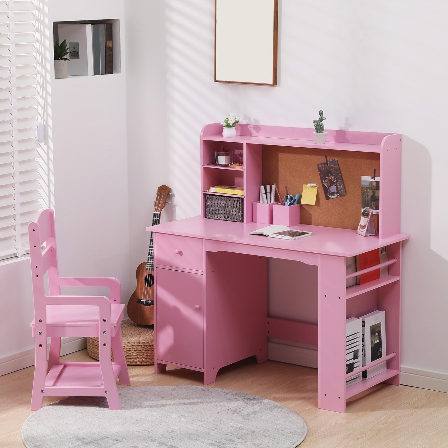Kids Desk and Chair Set, Study Desk and Chair Set,Wooden Study Desk with Bookshelf, Bulletin Board, Cabinet & Drawer,Pink Children’s Writing Table