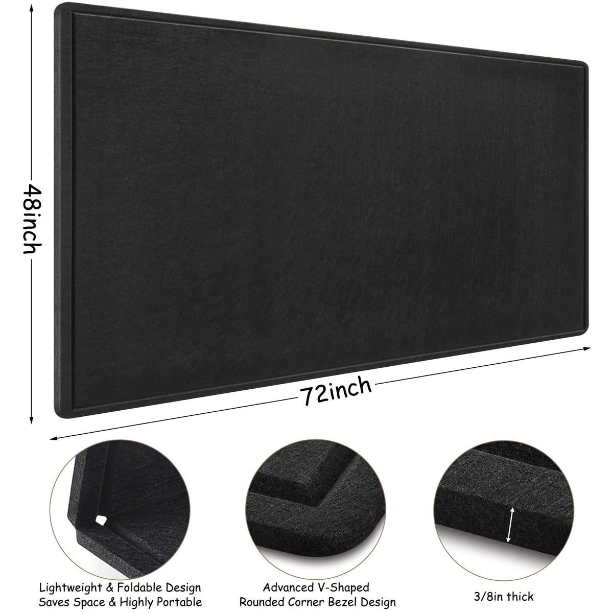 Large Bulletin Board - 72 x 48 Inches, Large Felt Board Decorative Pin Board for Wall, Foldable Photo Board, Lightweight Durable Pin Board for Home, Office, School, Classroom, Kitchen (Black)