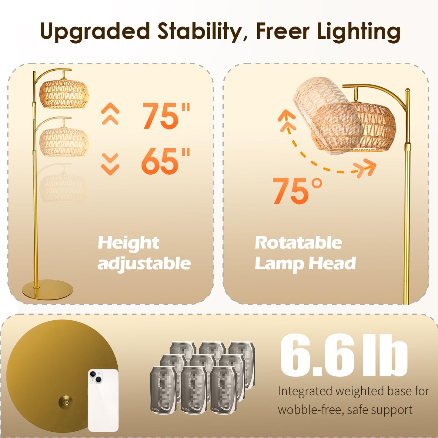 DRAWNCAT Gold Boho Rattan Floor Lamp w/Remote, Dimmable (2700K - 6000K), 2 - in - 1 Wicker & Fabric Shade, Adjustable 165-172cm for Living Room & Bedroom