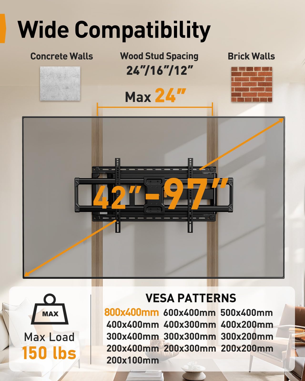Perlegear Long Arm Full Motion TV Wall Mount for 42–97 Inch TVs up to 150 lbs, Pre-Assembled TV Mount with Full Swivel, Tilt and Extension, Fits 8″/12″/16″/24″ Wood Studs, Max VESA 800x400mm, PGXLF02