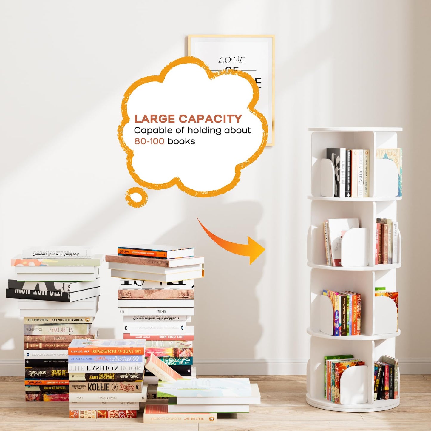 Kryonix Rotating Bookshelf, Spinning Bookshelf Tower 4 Tier, 360° Revolving Bookcase Lazy Susan, Multi-Functiona Corner Round Turning Book Shelf Organizer for Small Spaces(Off-White)