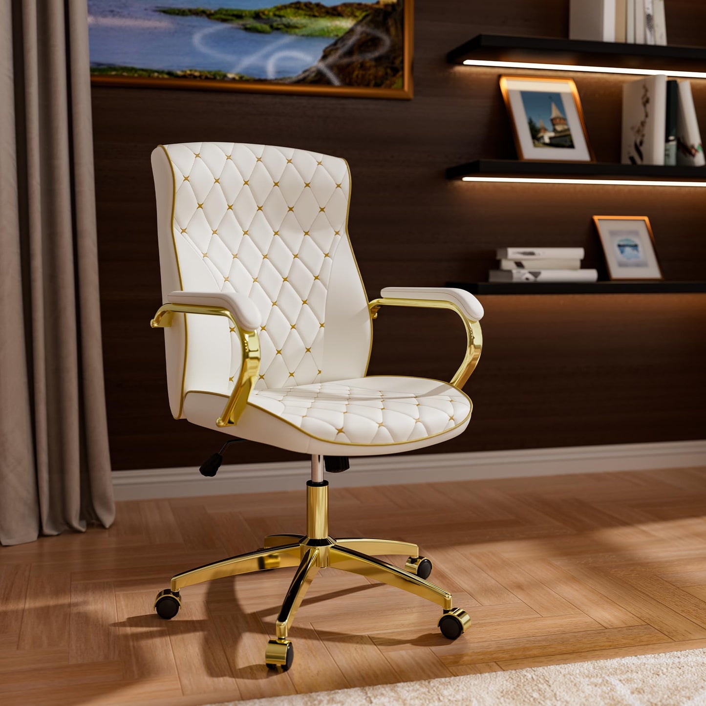 HomeZeer White and Gold Office Chair with Soft Leather Embroidery, Mid Back Vintage Swivel Executive Desk Chair with Wheels and Padded Arms, Adjustable Height