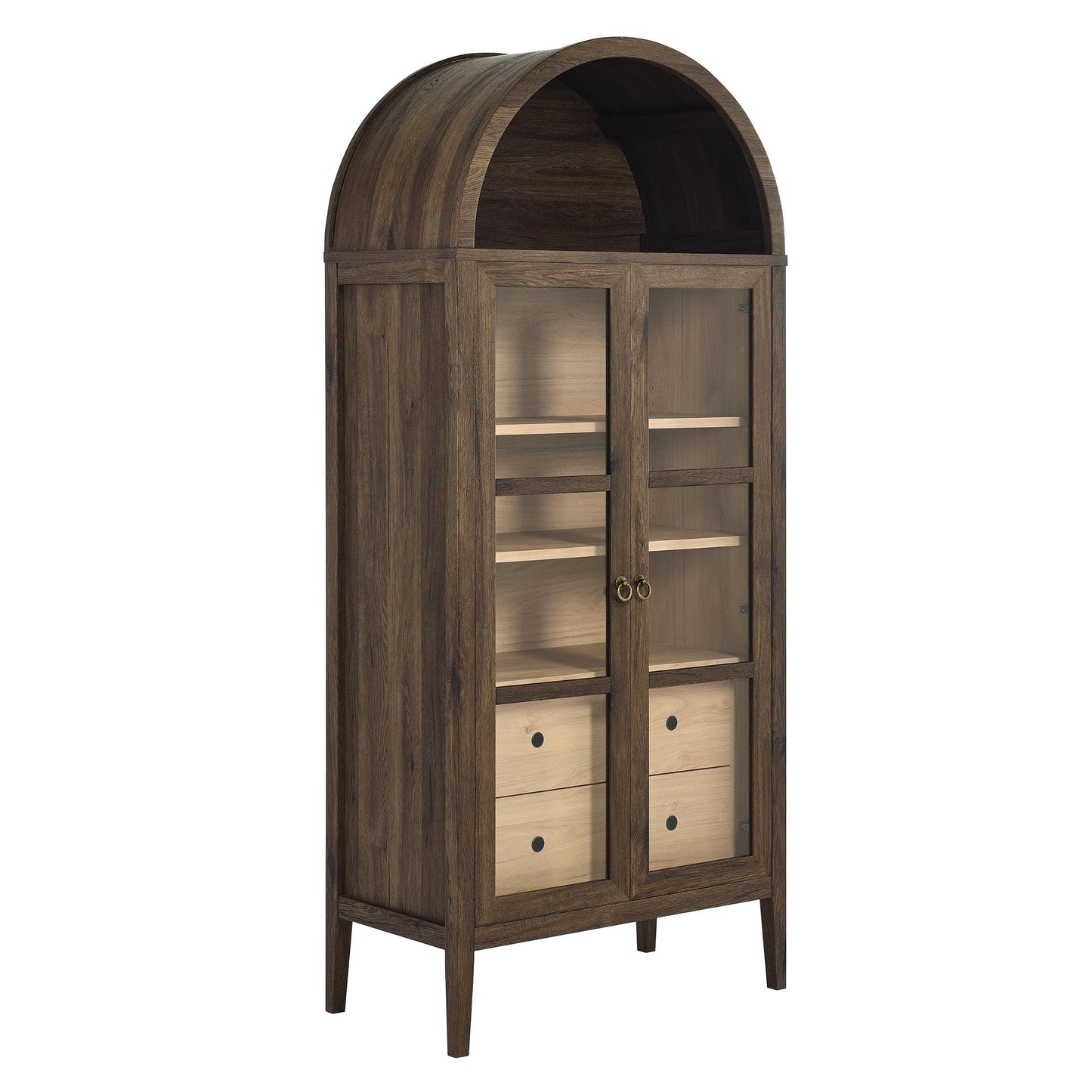 Modway Nolan Modern Farmhouse 71 Inch Tall Arched Storage Display Cabinet in Walnut Hickory Wood Grain - 4-Tier Bookcase with Glass Doors and Shelves - Arch Accent Cabinet for Living Room