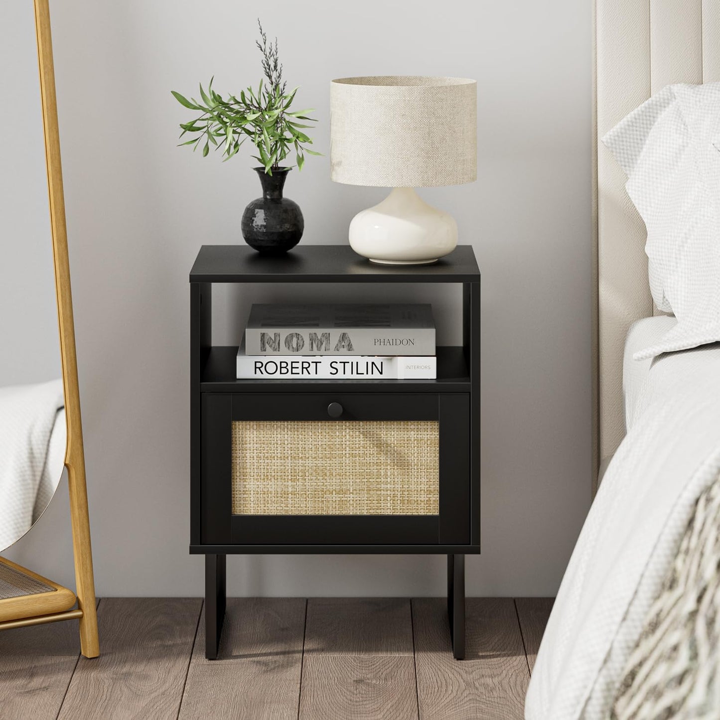 Masupu Rattan Nightstand,Modern Boho Farmhouse Wood Bedside Table with Storage Drawer and Open Shelf,Small Black Frame Side End Table for Bedroom,Living Room,Office (Black)